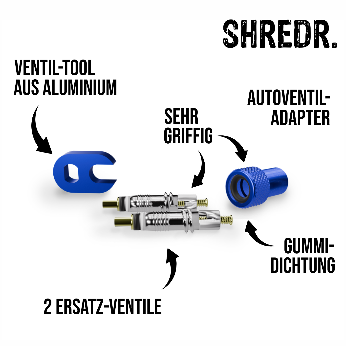 SHREDR. Presta Replacement Valve Set - Road Bike Valves incl. Tool and Adapter